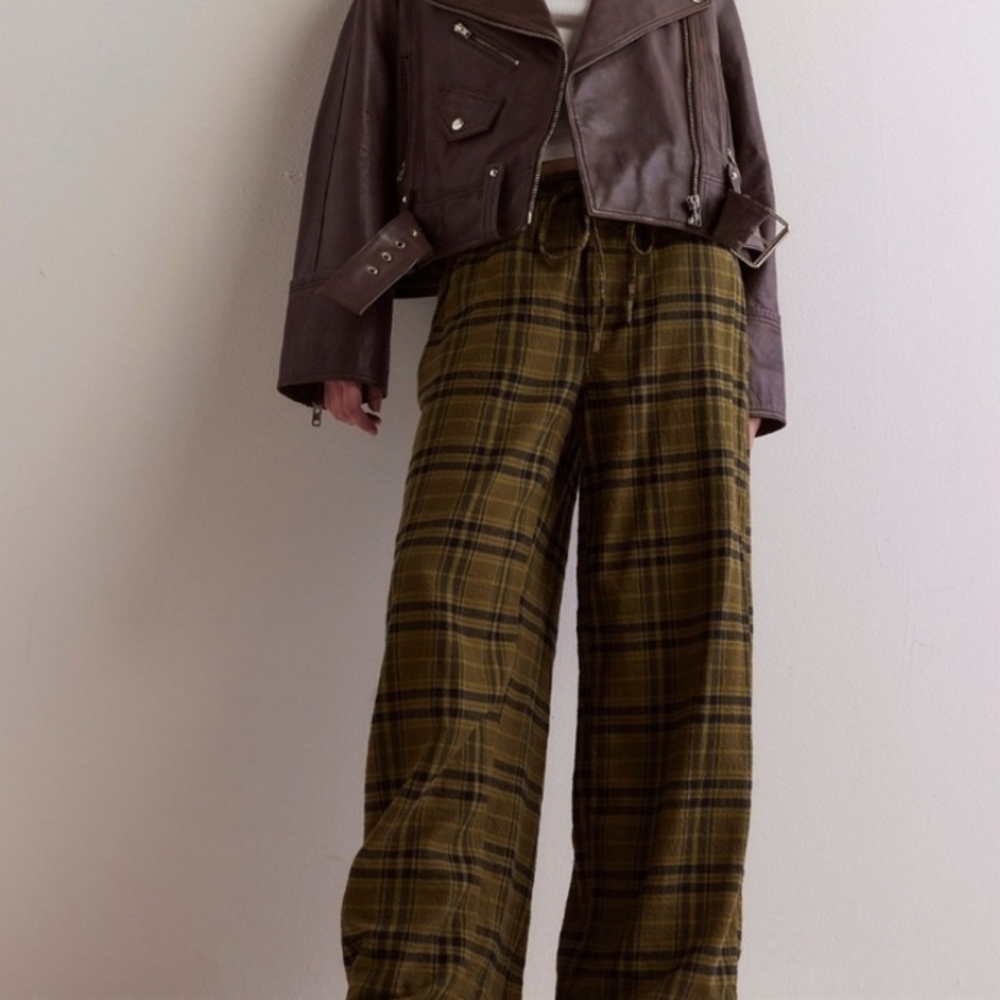 NWOT Free People Hudson Cayon Pants -Olive Combo Plaid Oversized XS